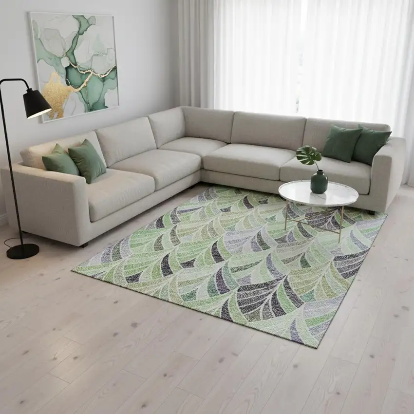 Green Purple And Ivory Geometric Washable Area Rug With UV Protection Photo 2