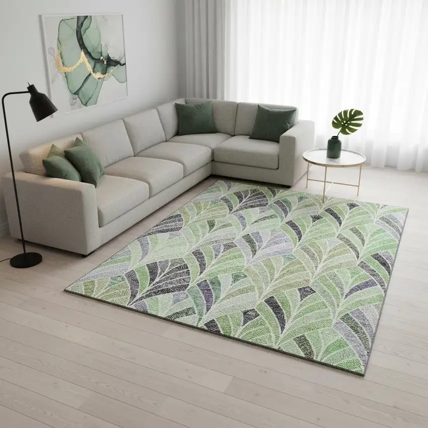 Green Purple And Ivory Geometric Washable Area Rug With UV Protection Photo 2
