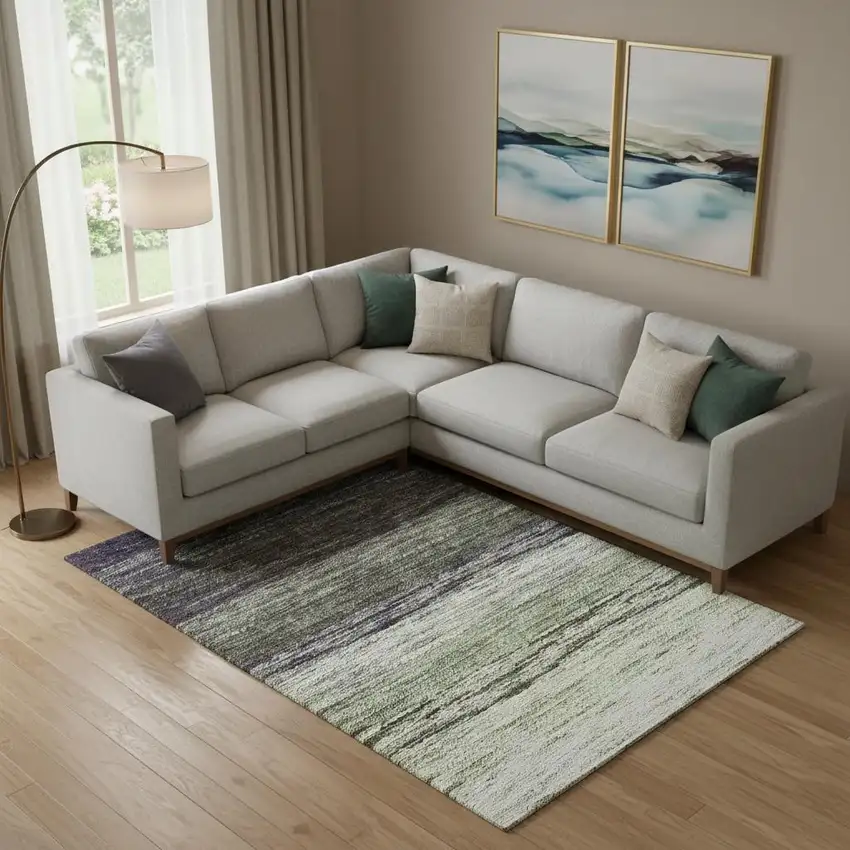 Green Purple And Ivory Ombre Washable Area Rug With UV Protection Photo 1