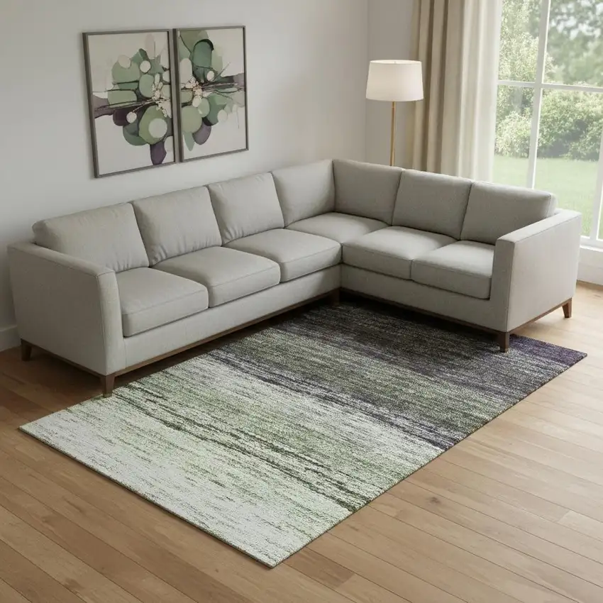 Green Purple And Ivory Ombre Washable Area Rug With UV Protection Photo 1