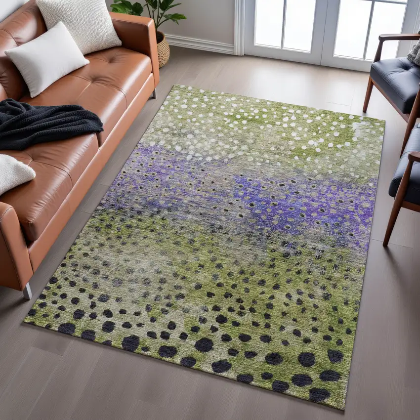 Green Purple And Ivory Polka Dot Washable Area Rug With UV Protection Photo 3