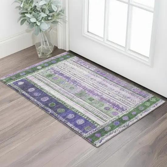 Green Purple And Ivory Striped Washable Area Rug With UV Protection Photo 2