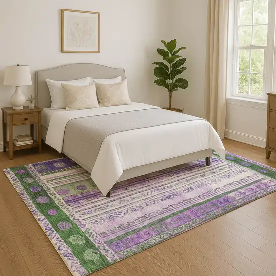 Green Purple And Ivory Striped Washable Area Rug With UV Protection Photo 5