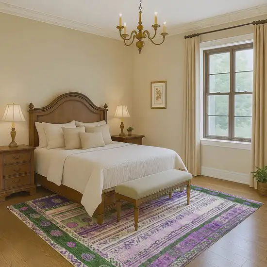 Green Purple And Ivory Striped Washable Area Rug With UV Protection Photo 6