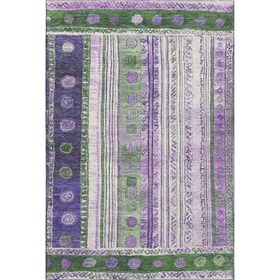 Green Purple And Ivory Striped Washable Area Rug With UV Protection Photo 1