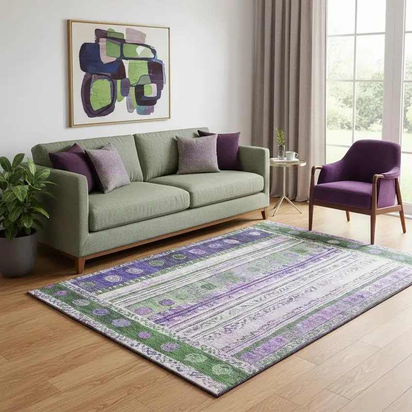 Green Purple And Ivory Striped Washable Area Rug With UV Protection Photo 2