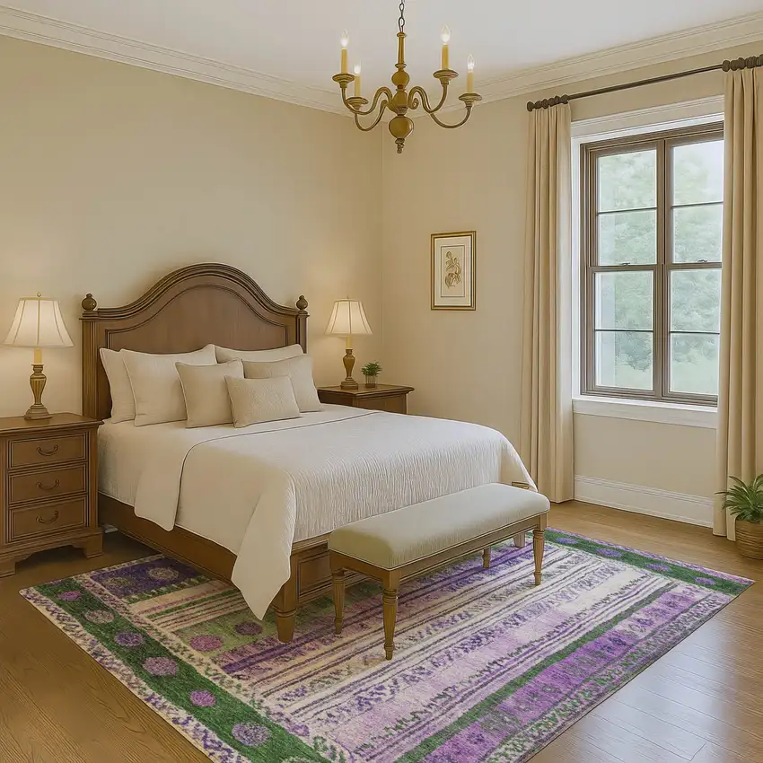 Green Purple And Ivory Striped Washable Area Rug With UV Protection Photo 6