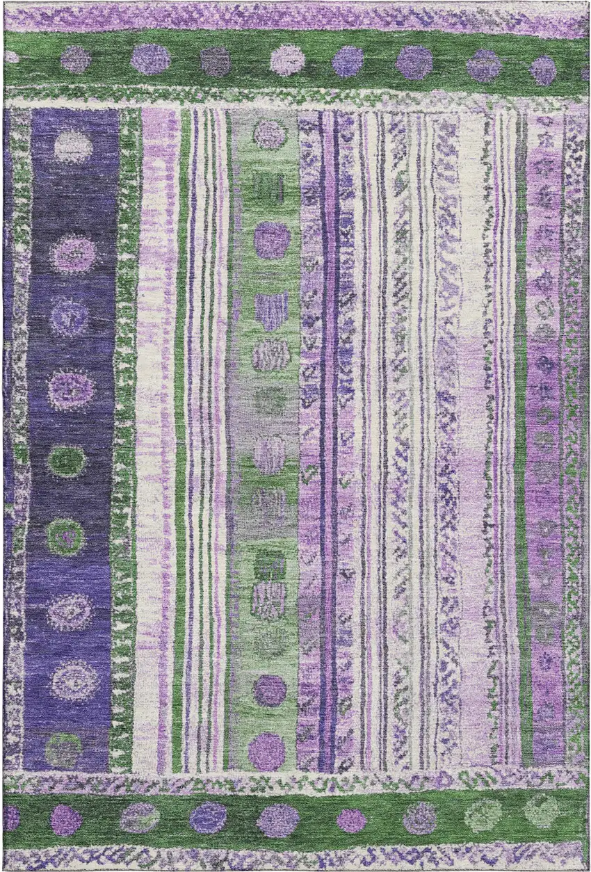 Green Purple And Ivory Striped Washable Area Rug With UV Protection Photo 1