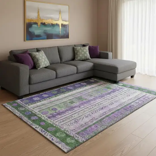 Green Purple And Ivory Striped Washable Area Rug With UV Protection Photo 2