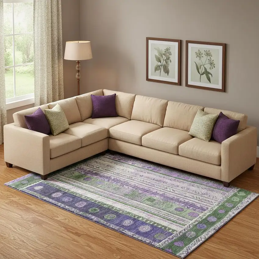 Green Purple And Ivory Striped Washable Area Rug With UV Protection Photo 2