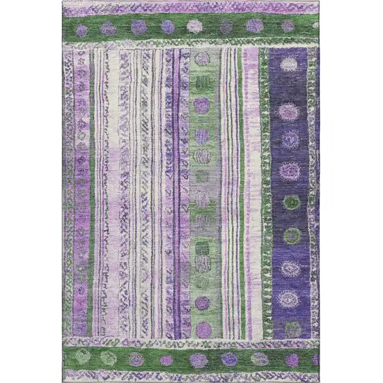 Green Purple And Ivory Striped Washable Area Rug With UV Protection Photo 4