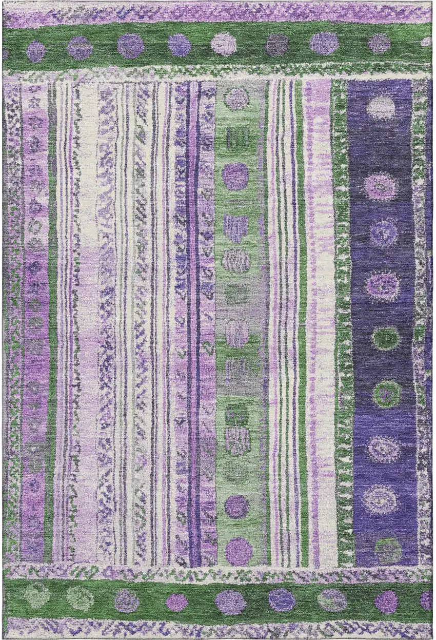 Green Purple And Ivory Striped Washable Area Rug With UV Protection Photo 4