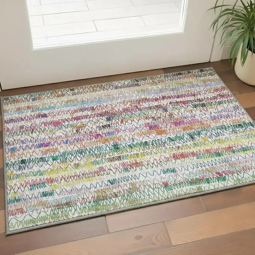 Green Purple And Orange Striped Washable Area Rug With UV Protection Photo 2