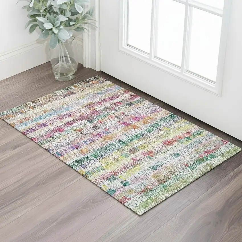 Green Purple And Orange Striped Washable Area Rug With UV Protection Photo 1