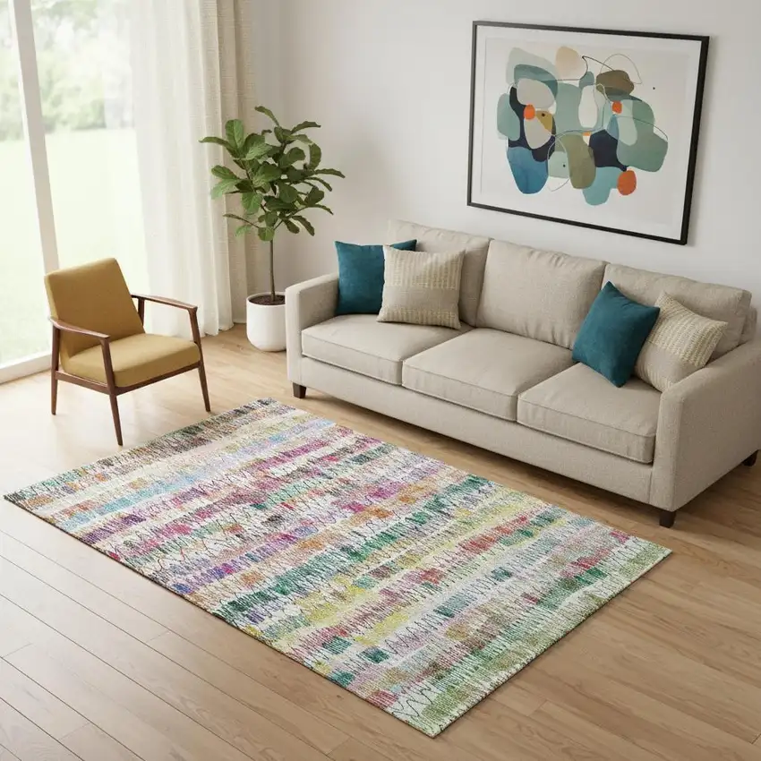 Green Purple And Orange Striped Washable Area Rug With UV Protection Photo 1