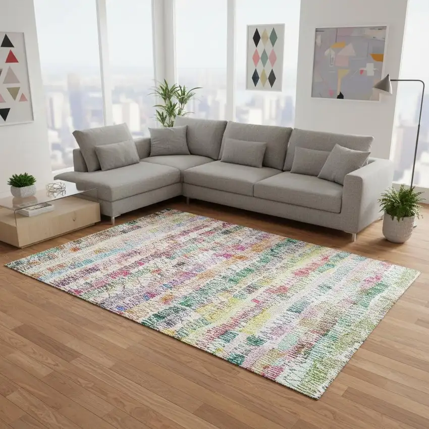 Green Purple And Orange Striped Washable Area Rug With UV Protection Photo 2