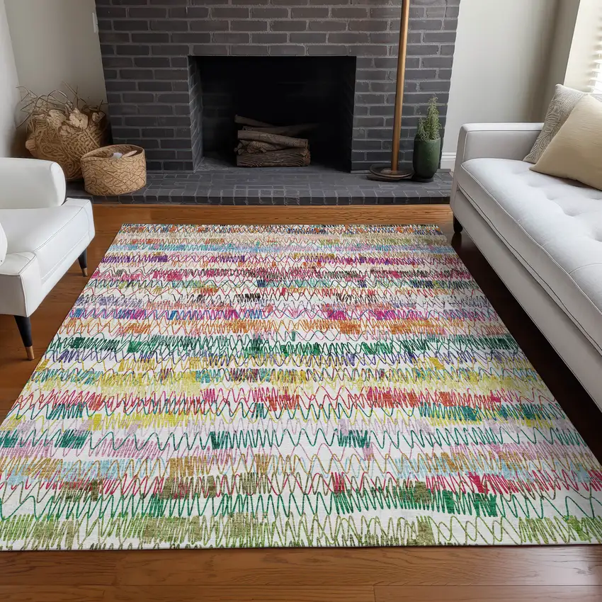 Green Purple And Orange Striped Washable Area Rug With UV Protection Photo 5