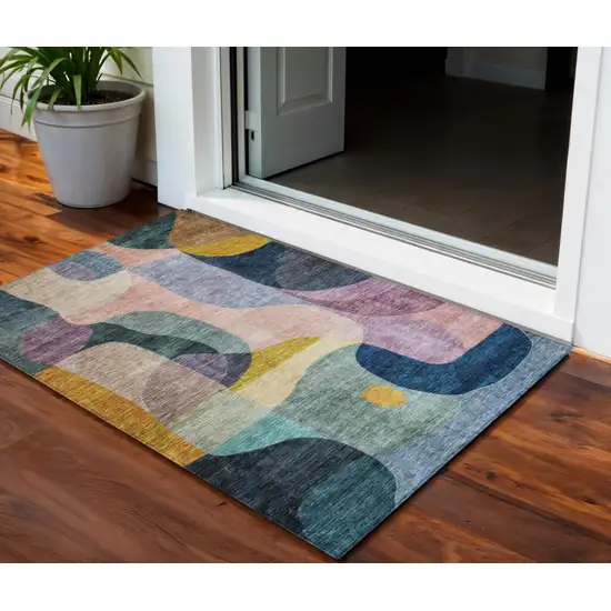 Green Purple And Pink Abstract Washable Indoor Outdoor Area Rug Photo 1