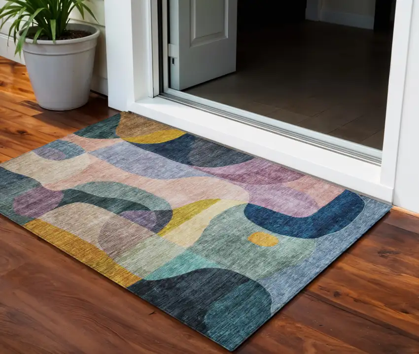 Green Purple And Pink Abstract Washable Indoor Outdoor Area Rug Photo 1