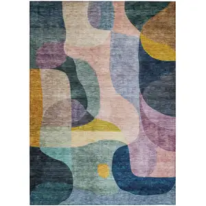 Photo of Green Purple And Pink Abstract Washable Indoor Outdoor Area Rug