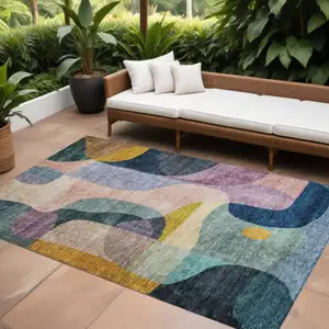 Photo of Green Purple And Pink Abstract Washable Indoor Outdoor Area Rug