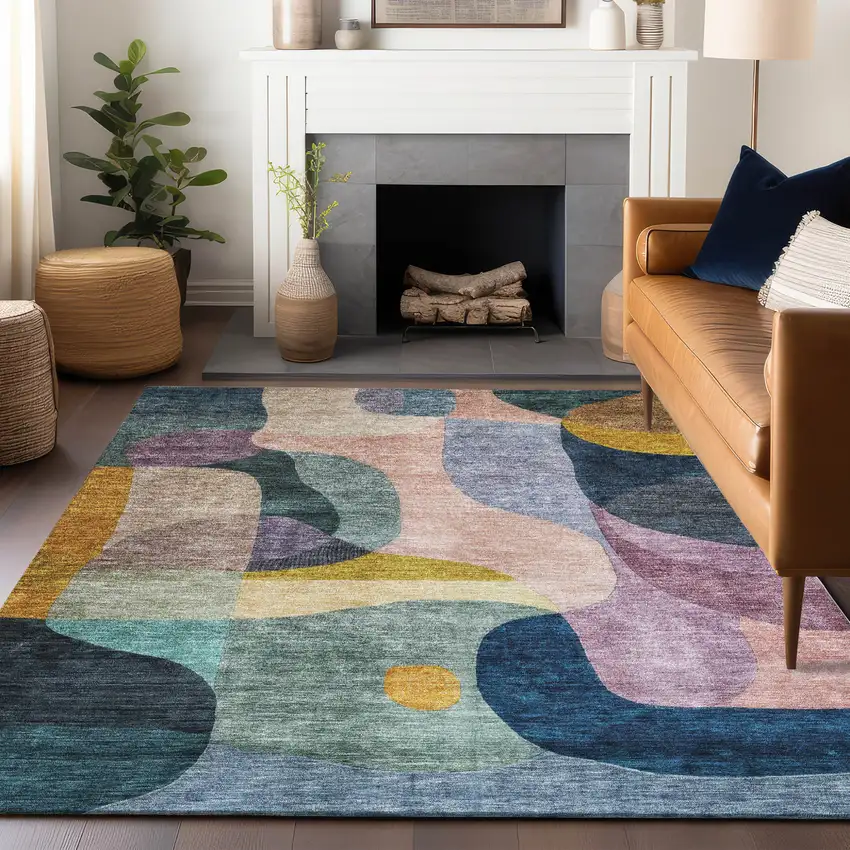 Green Purple And Pink Abstract Washable Indoor Outdoor Area Rug Photo 8