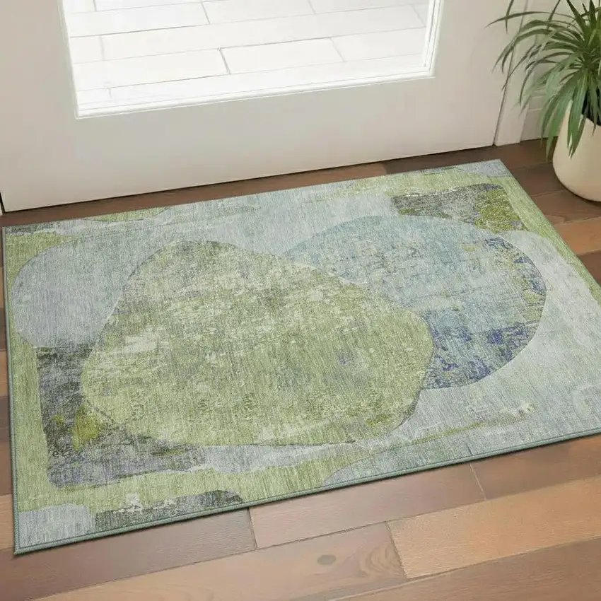 Green Purple And Silver Abstract Washable Area Rug With UV Protection Photo 2