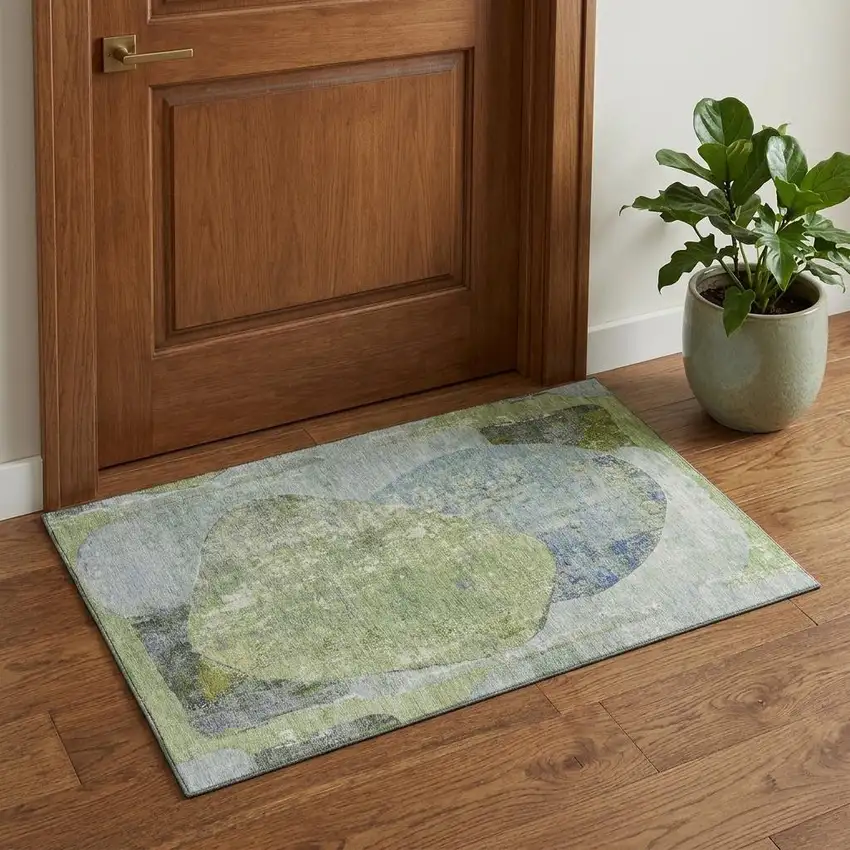 Green Purple And Silver Abstract Washable Area Rug With UV Protection Photo 1