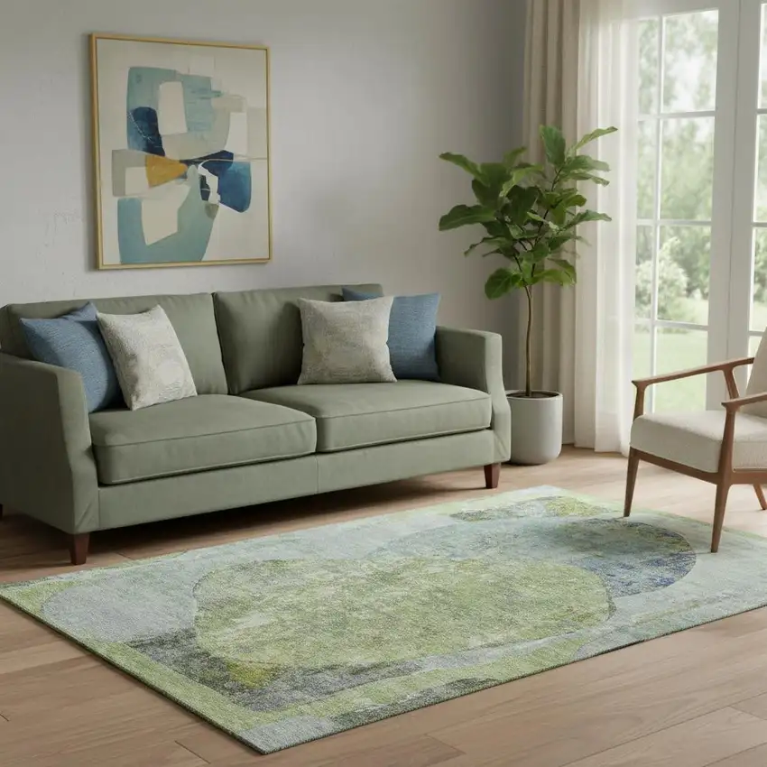 Green Purple And Silver Abstract Washable Area Rug With UV Protection Photo 2