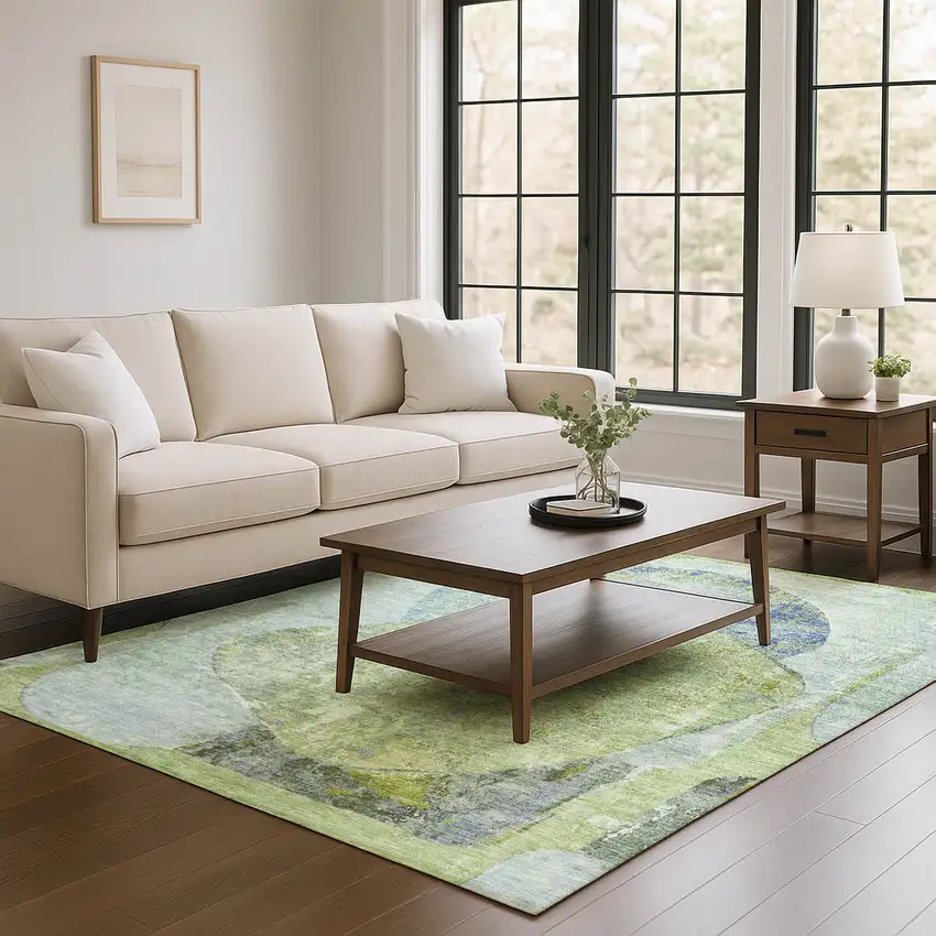 Green Purple And Silver Abstract Washable Area Rug With UV Protection Photo 4