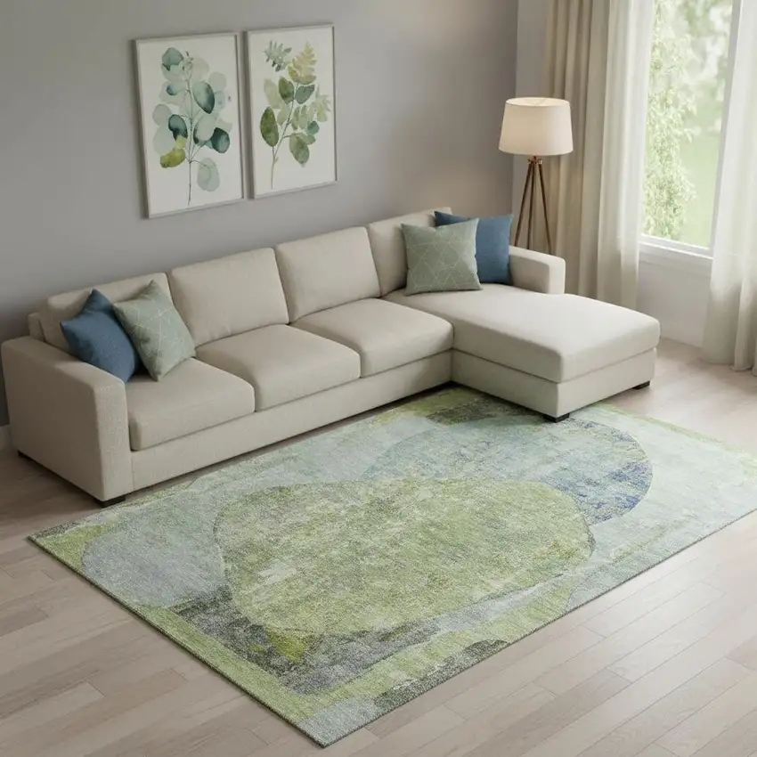 Green Purple And Silver Abstract Washable Area Rug With UV Protection Photo 2