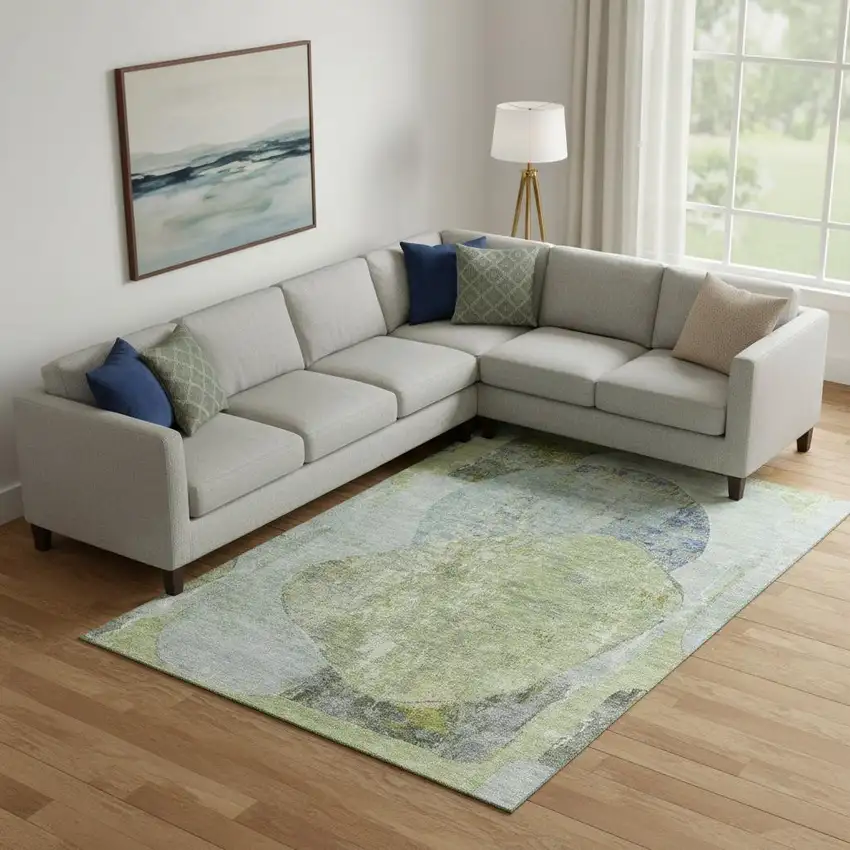 Green Purple And Silver Abstract Washable Area Rug With UV Protection Photo 2