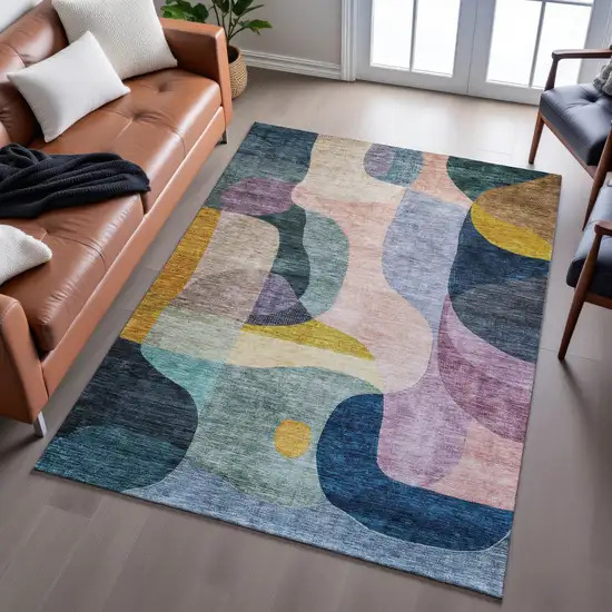 Green Purple Gold And Teal Abstract Geometric Washable Area Rug With UV Protection Photo 5