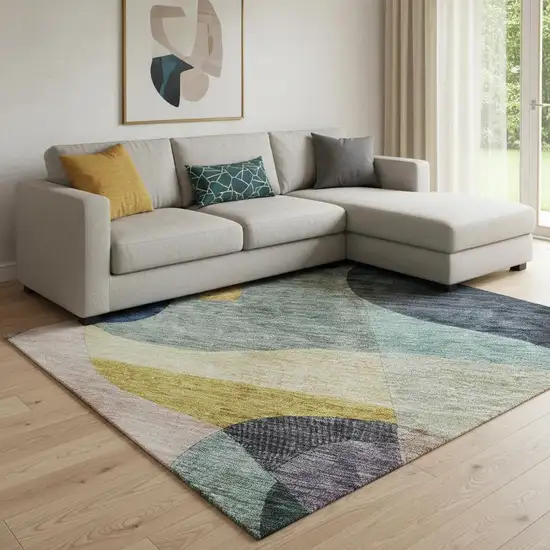 Green Purple Gold And Teal Abstract Geometric Washable Area Rug With UV Protection Photo 2