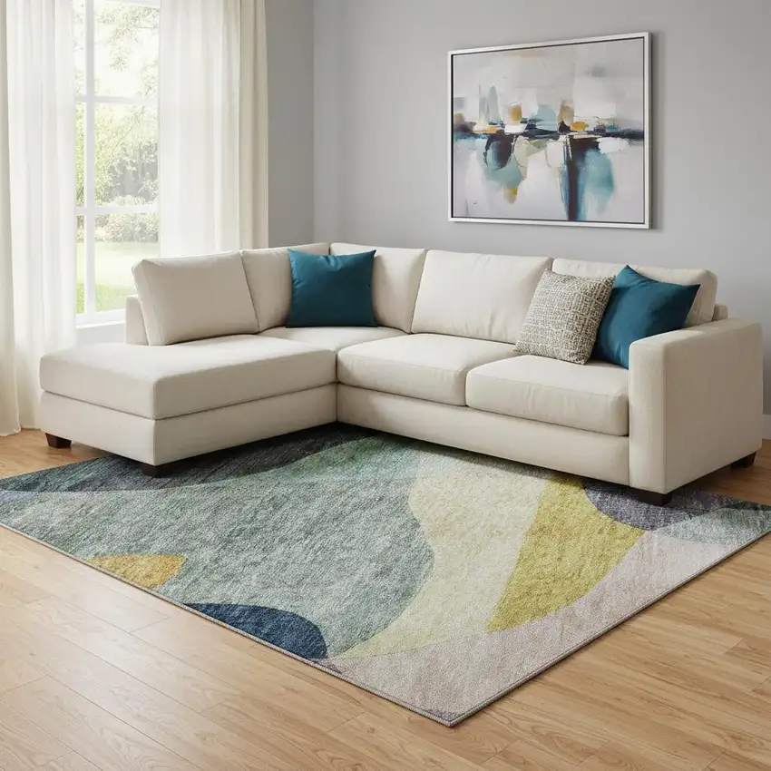 Green Purple Gold And Teal Abstract Geometric Washable Area Rug With UV Protection Photo 2