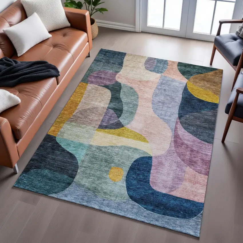 Green Purple Gold And Teal Abstract Geometric Washable Area Rug With UV Protection Photo 5