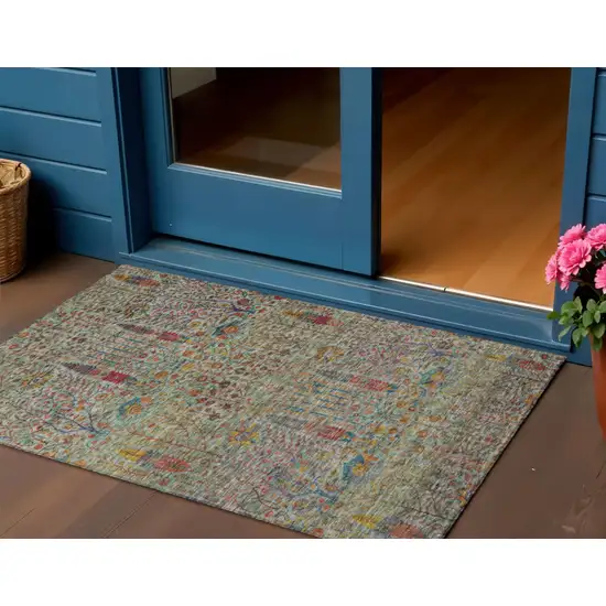 Green Red And Navy Blue Floral Washable Indoor Outdoor Area Rug Photo 2