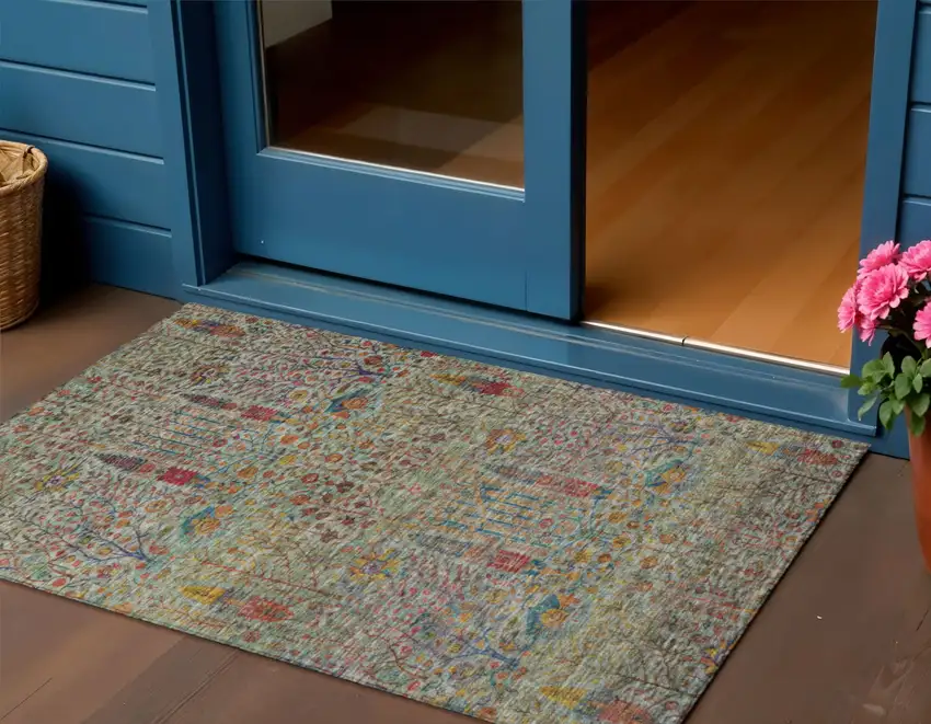 Green Red And Navy Blue Floral Washable Indoor Outdoor Area Rug Photo 2