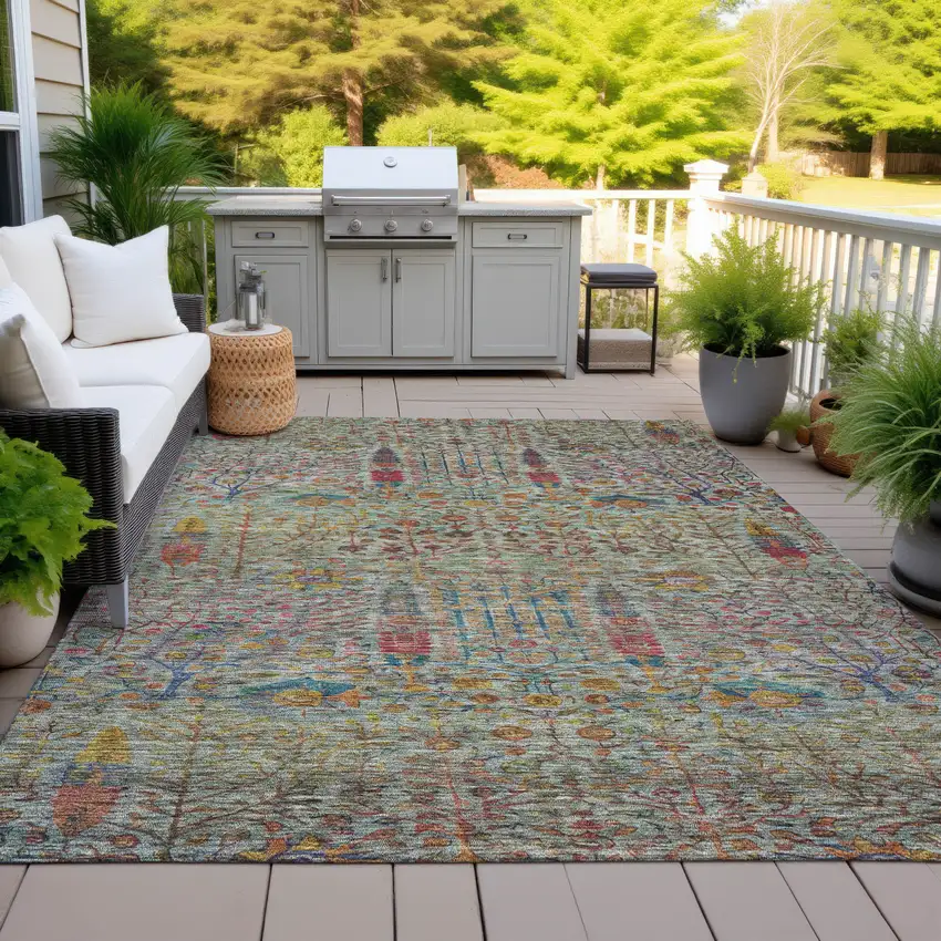 Green Red And Navy Blue Floral Washable Indoor Outdoor Area Rug Photo 5