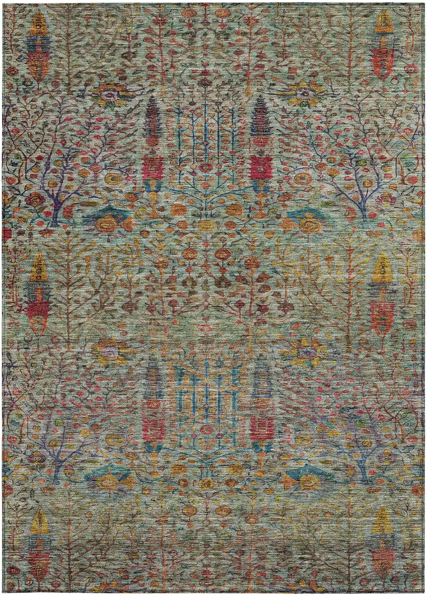 Green Red And Navy Blue Floral Washable Indoor Outdoor Area Rug Photo 4