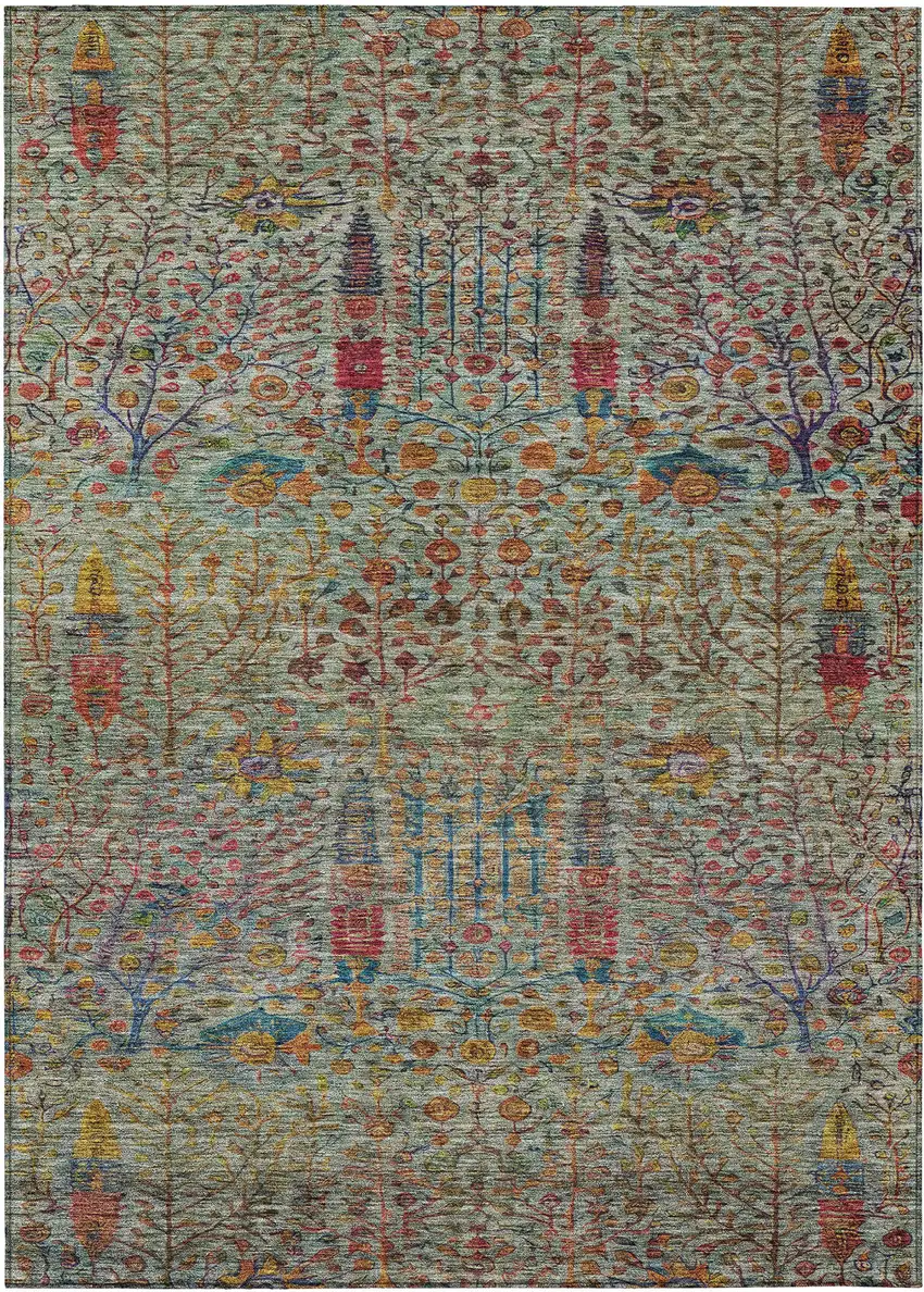 Green Red And Navy Blue Floral Washable Indoor Outdoor Area Rug Photo 1