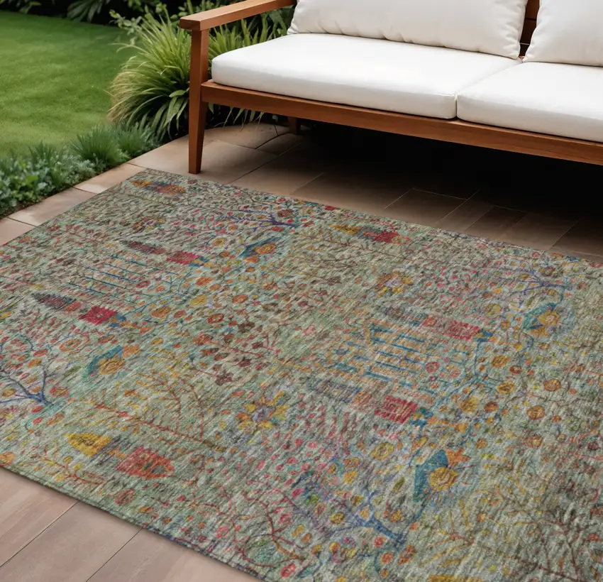 Green Red And Navy Blue Floral Washable Indoor Outdoor Area Rug Photo 2