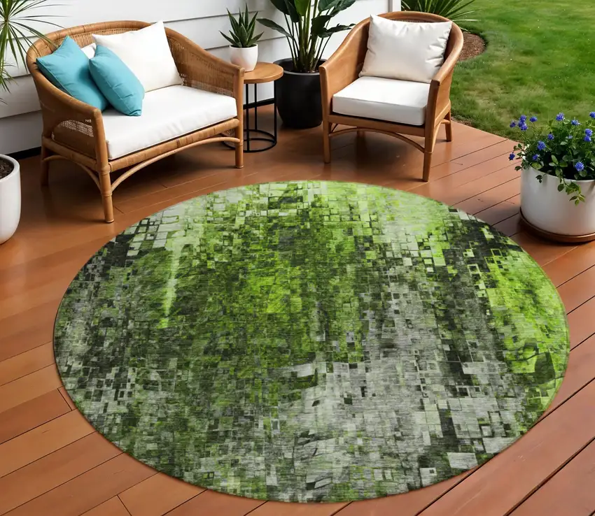 Green Round Abstract Washable Non Skid Indoor Outdoor Area Rug Photo 1