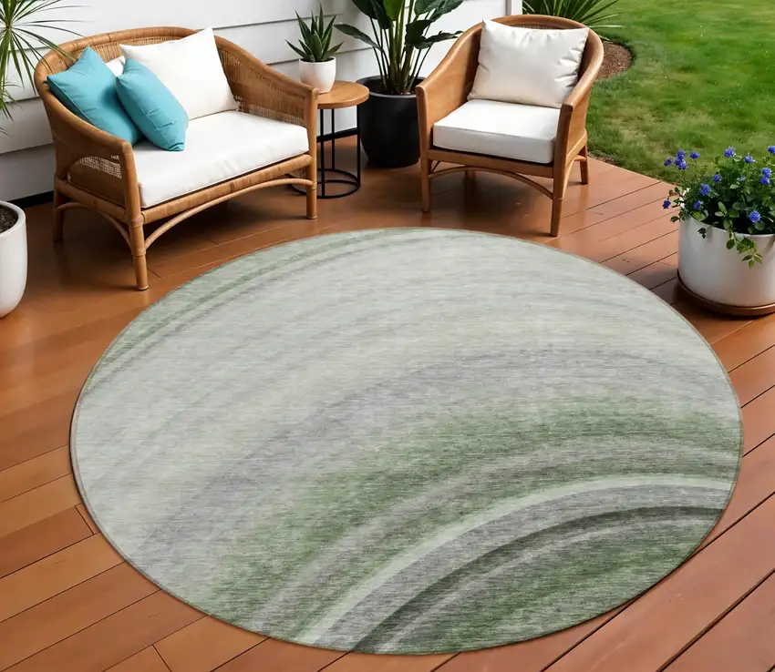 Green Round Abstract Washable Non Skid Indoor Outdoor Area Rug Photo 1