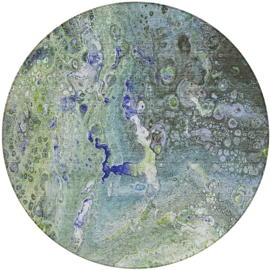 Green Round Abstract Washable Non Skid Indoor Outdoor Area Rug Photo 2