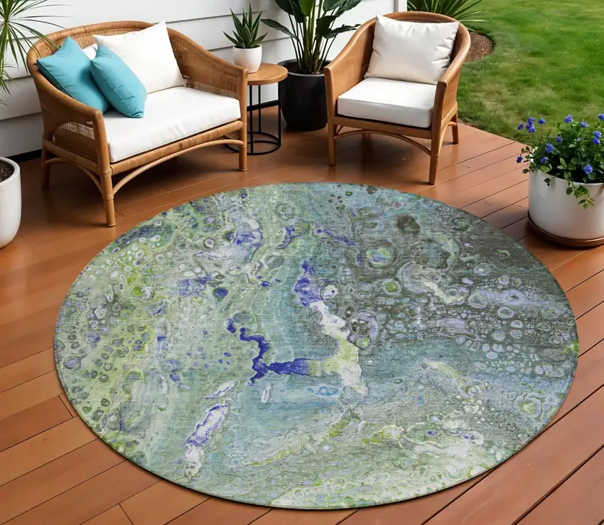 Green Round Abstract Washable Non Skid Indoor Outdoor Area Rug Photo 1