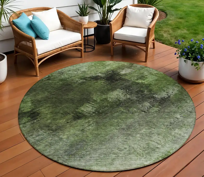 Green Round Abstract Washable Non Skid Indoor Outdoor Area Rug Photo 1