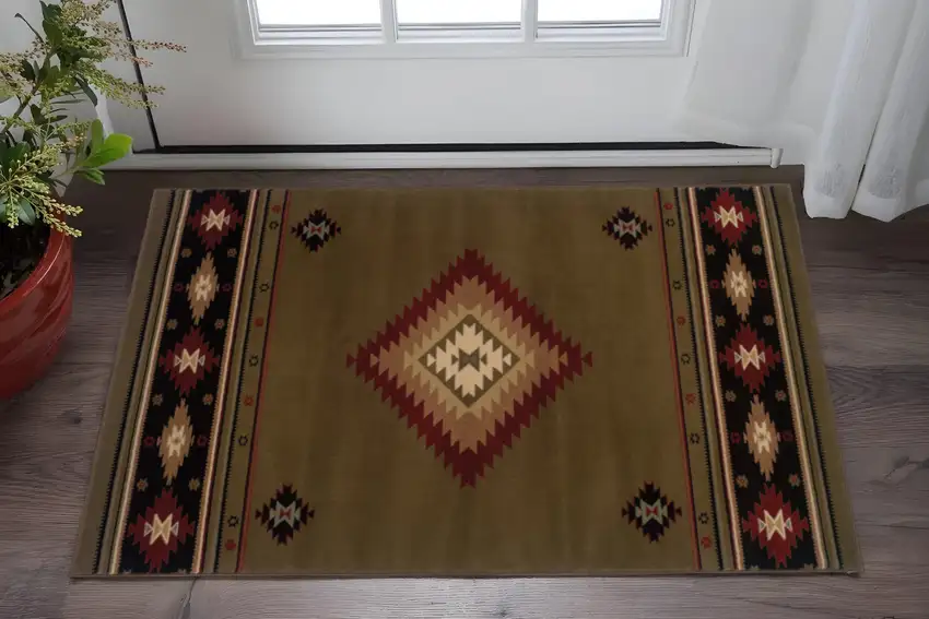 Green Southwestern Power Loom Stain Resistant Area Rug Photo 1