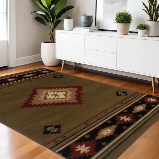 Green Southwestern Power Loom Stain Resistant Area Rug Photo 1