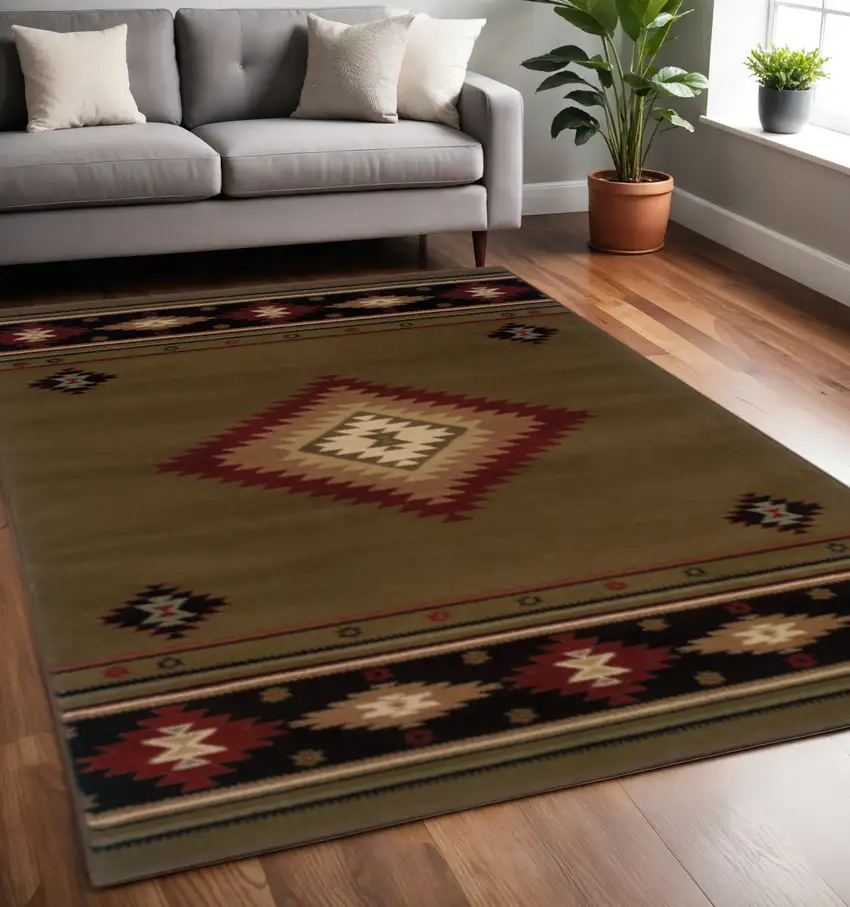 Green Southwestern Power Loom Stain Resistant Area Rug Photo 1